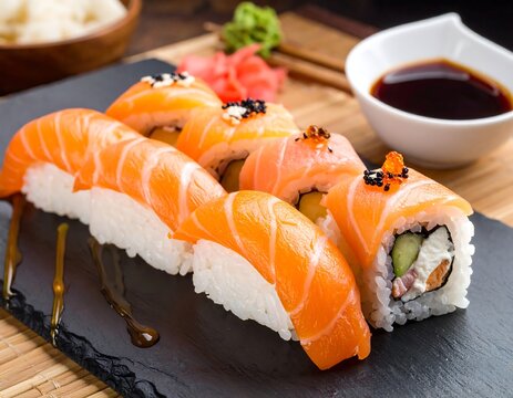 A close-up shot of a sushi platter featuring salmon nigiri and rolls, alongside soy sauce and ginger - Powered by Adobe