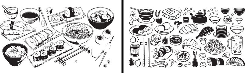  asian food doodle, noodle bowl illustration, oriental cuisine vector, minimal meal art, foodie creativity design, restaurant concept sketch, japanese korean food, black white art design, street food 