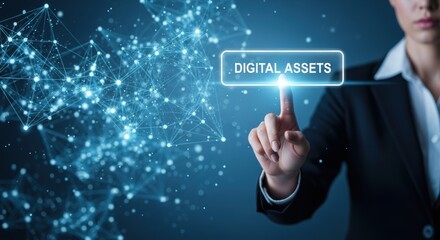 Businesswoman interacting with glowing digital assets interface representing blockchain technology and cryptocurrency investment