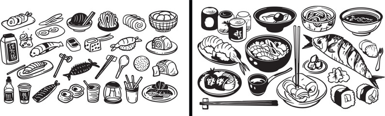 sushi doodle art, japanese food illustration, seafood vector sketch, minimal cuisine design, line art food set, asian restaurant elements, black and white drawing, cultural food vector, gourmet sketch
