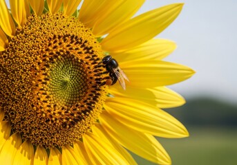 Naklejka premium A close up of a bright yellow sunflower with a bee collecting pollen on a sunny summer day outdoors