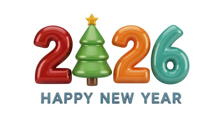 Happy new year 2026 with colorful numbers and a christmas tree