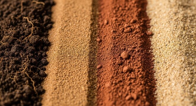 A colorful and detailed abstract macro view of four distinct vertical layers of different soil types, including dark organic matter, light sand, reddish clay, and pale sandy loam