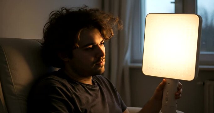 Man using light therapy device for seasonal affective disorder treatment.