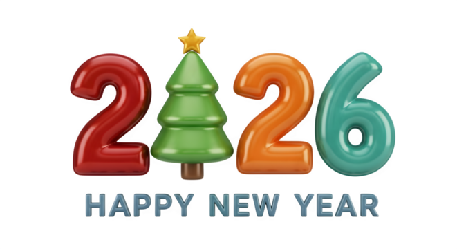 Happy new year 2026 with colorful numbers and a christmas tree