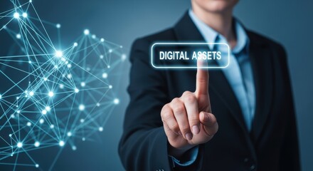 Woman activates digital assets button with network connection for secure finance and technology solutions to grow investments