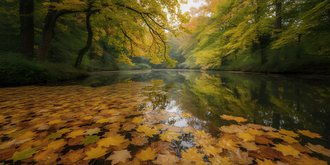 Capture the essence of autumn with this stunning forest pond reflecting golden foliage, creating a serene and peaceful scene perfect for nature lovers and scenic backgrounds