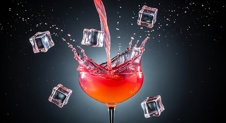 Colorful cocktail splash art, a vibrant pink and orange drink poured into a glass. Mid-action shot with flying ice cubes and dramatic side lighting for a celebratory mood | World Cocktail Day