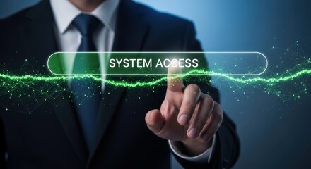 Businessman activates secure system access on a glowing digital interface with data connections and modern technology