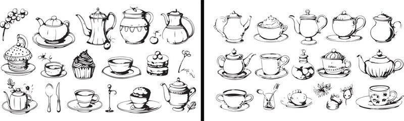  tea set illustration, vintage teapot sketch, black and white kitchen vector, minimal crockery drawing, household utensils artwork, coffee tea design, elegant hospitality concept, antique dishes illus