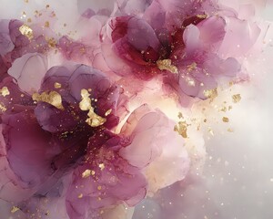 Abstract Fluid Art with Swirling Pink and Rose Gold Hues and Gold Foil Texture on White Background