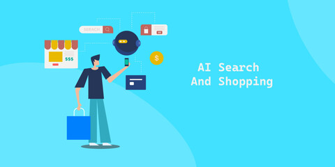 Mobile customer asking AI assistant to locate brand website, finding current deals. Secure shopping experience journey.