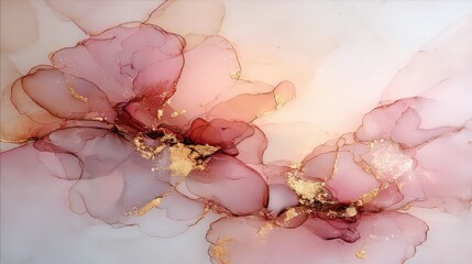 Abstract Fluid Art with Swirling Shades of Blush Pink and Rose Gold Accents Detailed Texture and Glittering Highlights on White Background