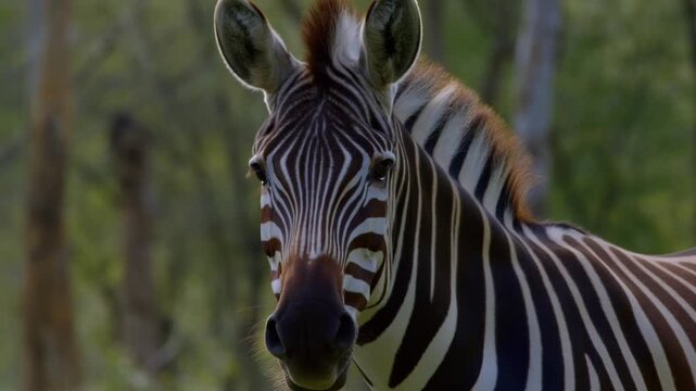 A close-up portrait of a zebra with bold black and white stripes, staring intently at the camera Stock Video