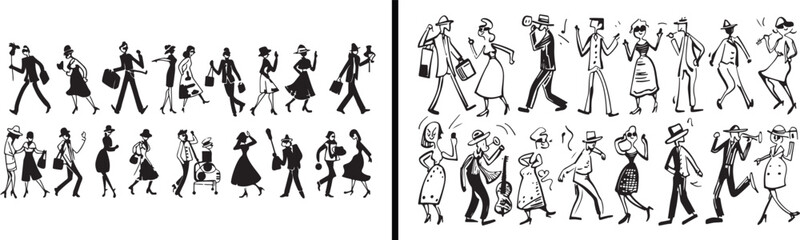  retro people illustration, vintage fashion art, black and white sketch, classic lifestyle design, walking couple vector, old time movie style, traditional outfit drawing, historical people artwork, a