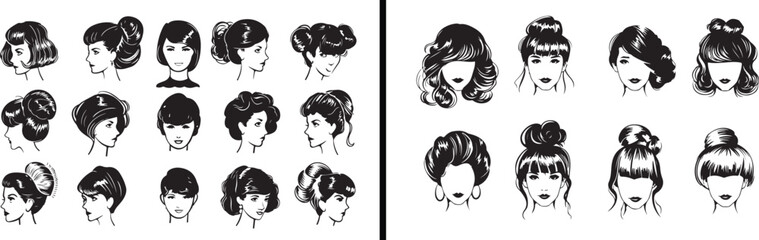 vintage hairstyles vector, retro beauty sketch, line art hair design, classic fashion portrait, hairstyle concept drawing, feminine beauty illustration, elegant woman artwork, salon inspiration vector