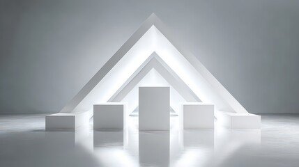 Abstract Geometric Composition of White Cubes and Pyramidal Structure on Reflective Surface