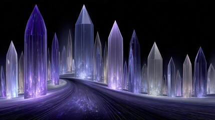 Abstract Lavender Crystal Landscape on Dark Background with Light Streaks and Prismatic Pillars Futuristic Design and Translucent Purple Crystals