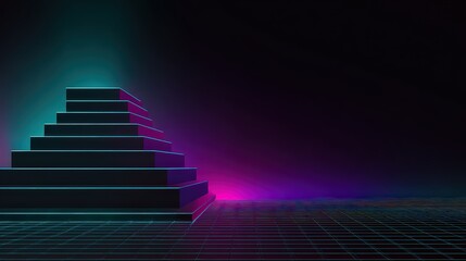 Abstract Geometric Pyramid with Neon Lighting in Blue and Pink Colors on a Dark Surface