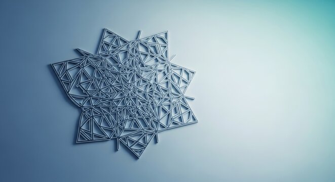 Abstract geometric snowflake design on a gradient blue background.