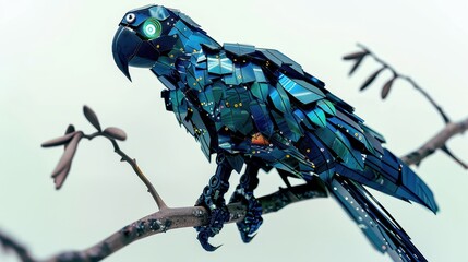 Colorful parrot perched on branch, artistic mosaic style, white isolated background.