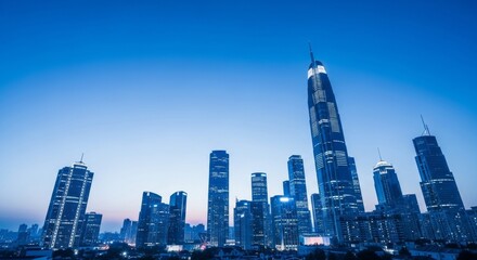 Obraz premium Modern City Skyline at Dusk with Illuminated Skyscrapers