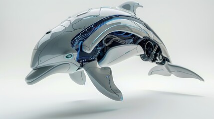 Futuristic dolphin with robotic features, isolated on white background.