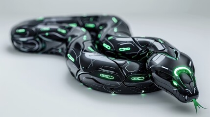 Futuristic black and green snake design, white isolated background.