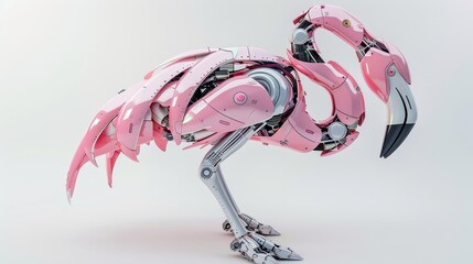 Futuristic pink robotic flamingo, white isolate background