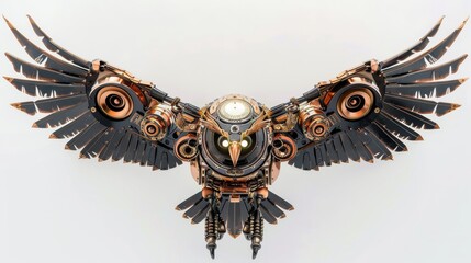 Futuristic mechanical owl with intricate details, white isolate background