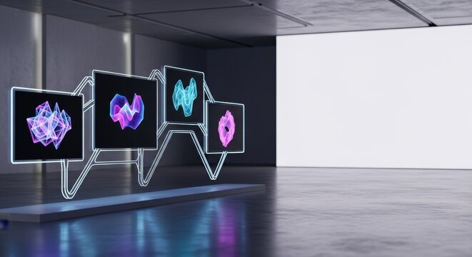 Futuristic Digital Art Display with Abstract Geometric Forms and Neon Lighting