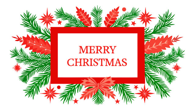 Merry christmas greeting card with pine branches and red ornaments - Powered by Adobe