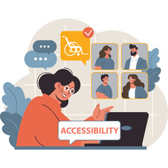 Woman Participating In An Online Meeting With Diverse Colleagues And Discussing Accessibility In A Digital Environment With Visual Cues For Inclusion