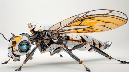 Futuristic robotic bee with intricate details, white isolated background.