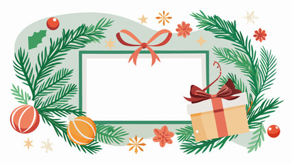 Christmas frame with pine branches ornaments and gift box
