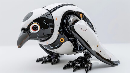 Futuristic robotic bird design, white isolated background, intricate details.