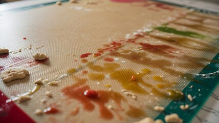 Culinary Canvas: A close-up shot of a well-used pastry mat, vibrant with the remnants of culinary artistry, where splashes of color dance alongside scattered dough bits.