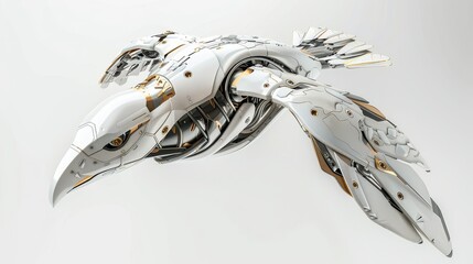 Futuristic robotic bird, metallic design, white isolate background