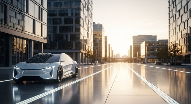 Sleek electric car parked on a futuristic city street at sunset.