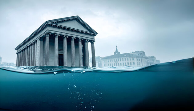 Banking Default and Bank Crisis or as Banks drowning in debt with financial instability or insolvency concept and global market problem.