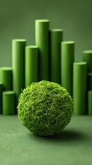 Abstract Green Composition Featuring Spherical Mossy Ball and Cylindrical Elements in Monochromatic Green Palette with Subtle Textural Details and Uniform Lighting