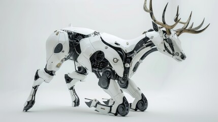 Futuristic robotic deer with intricate design, white isolate background.