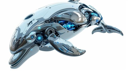 Futuristic robotic dolphin, metallic design, blue accents, white isolated background.