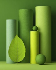 Abstract Green Still Life with Cylinders Spheres and Leaf in Studio Lighting on a Green Background