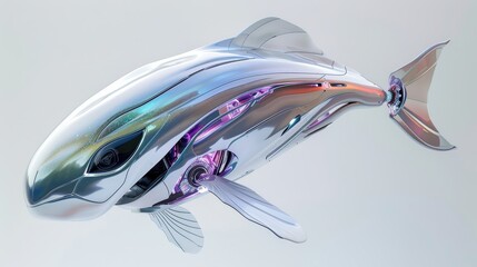Futuristic robotic fish design, metallic surface, modern aesthetic.