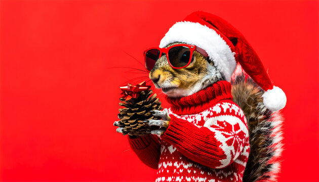 Chipmunk holding a pine cone gift in a hat, glasses and a Christmas sweater on a red background. Funny winter animal.