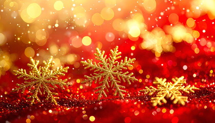 Golden Snowflakes on Red Glitter Background with Festive Bokeh Lights, for Christmas and New Year.