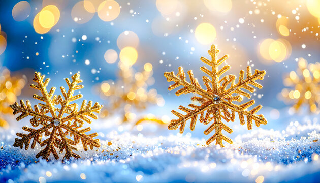 A collection of festive Christmas backgrounds featuring sparkling golden snowflakes on soft white snow, with bokeh lights.