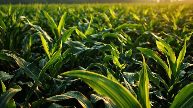 Lush green cornfield at sunrise with dew drops on leaves glowing