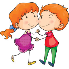 Two young children a girl with a ponytail and a boy embracing affectionately with joyful expressions on their faces and simple clothing in a transparent background illustration